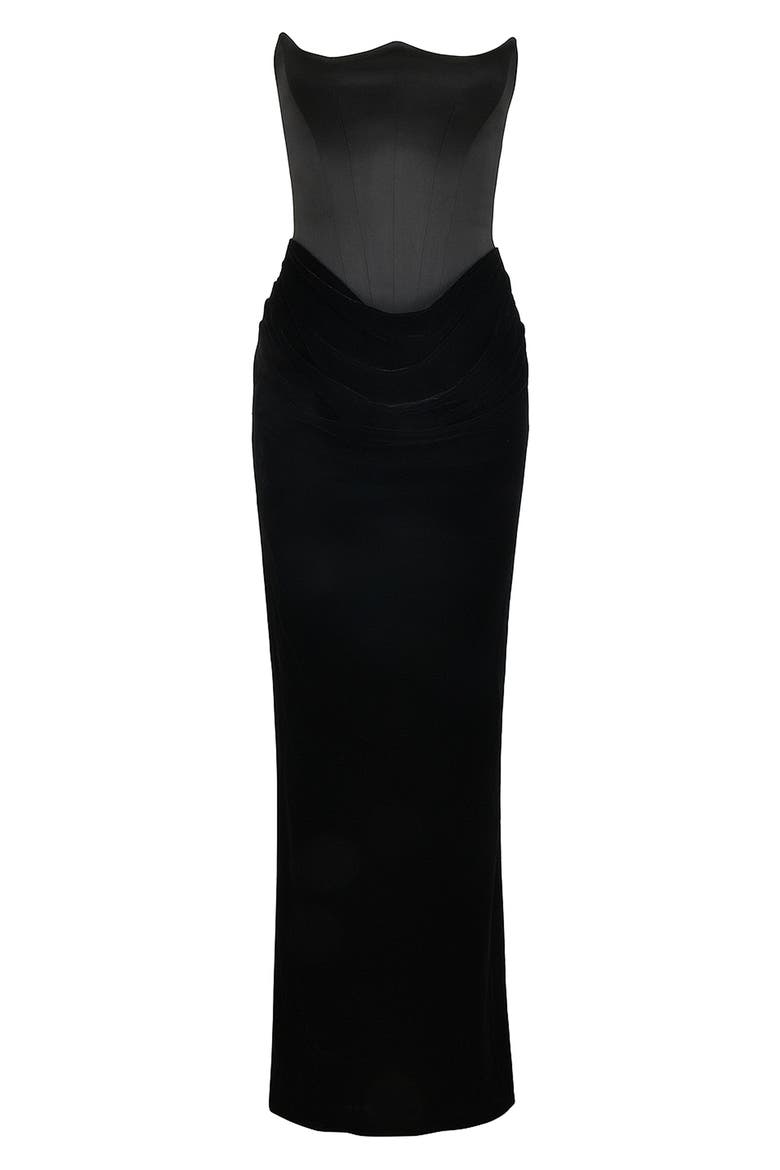 Persephone Strapless Corset Satin & Velvet Mermaid Gown, Alternate, color, BLACK