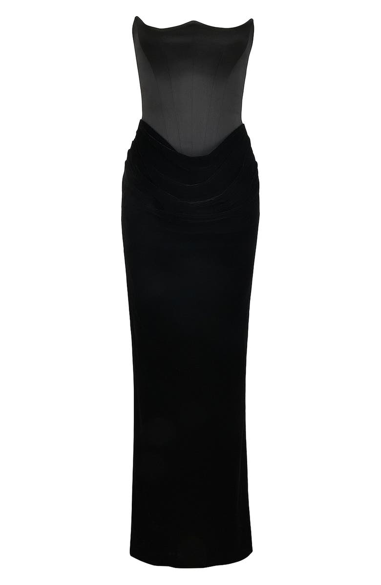 HOUSE OF CB Persephone Strapless Corset Satin & Velvet Mermaid Gown, Alternate, color, Black