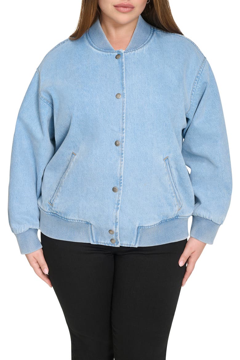 Crop Varsity Denim Bomber Jacket, Main, color, LT WASH DE