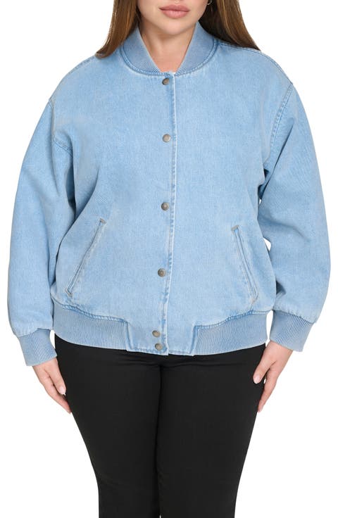 Crop Varsity Denim Bomber Jacket (Plus)