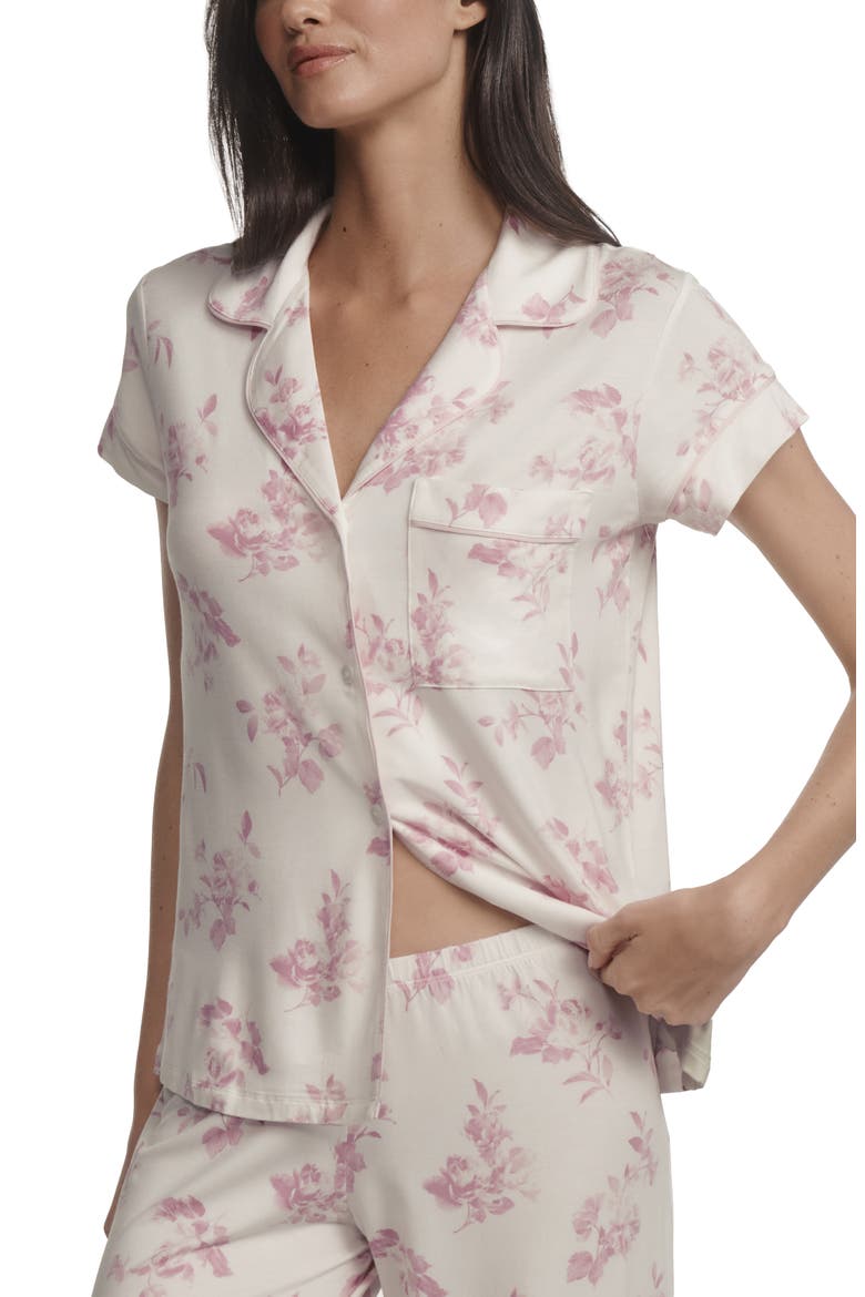 Gisele Printed Short Sleeve Cropped Pajamas, Alternate, color, ROSE GARDEN CAMEO PINK/PALE PI