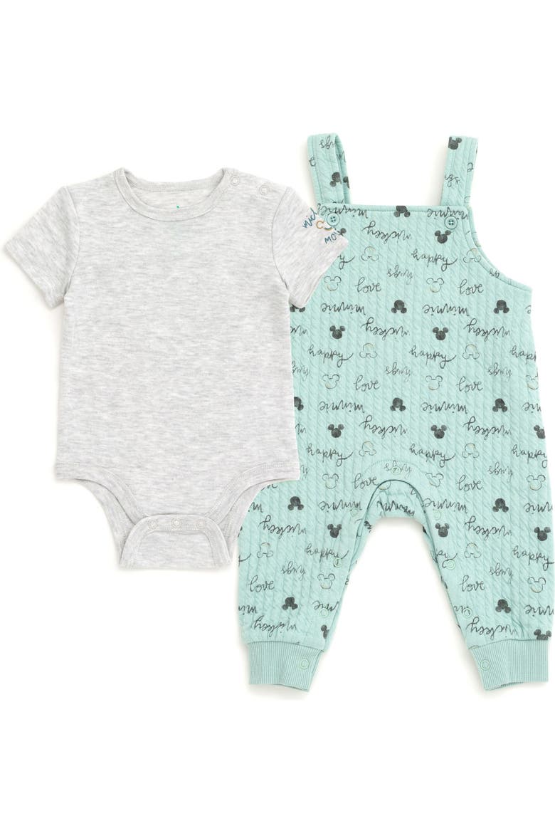 Mickey Mouse & Friends 2-Piece Bodysuit and Overalls Set, Main, color, Mickey Minnie Mint
