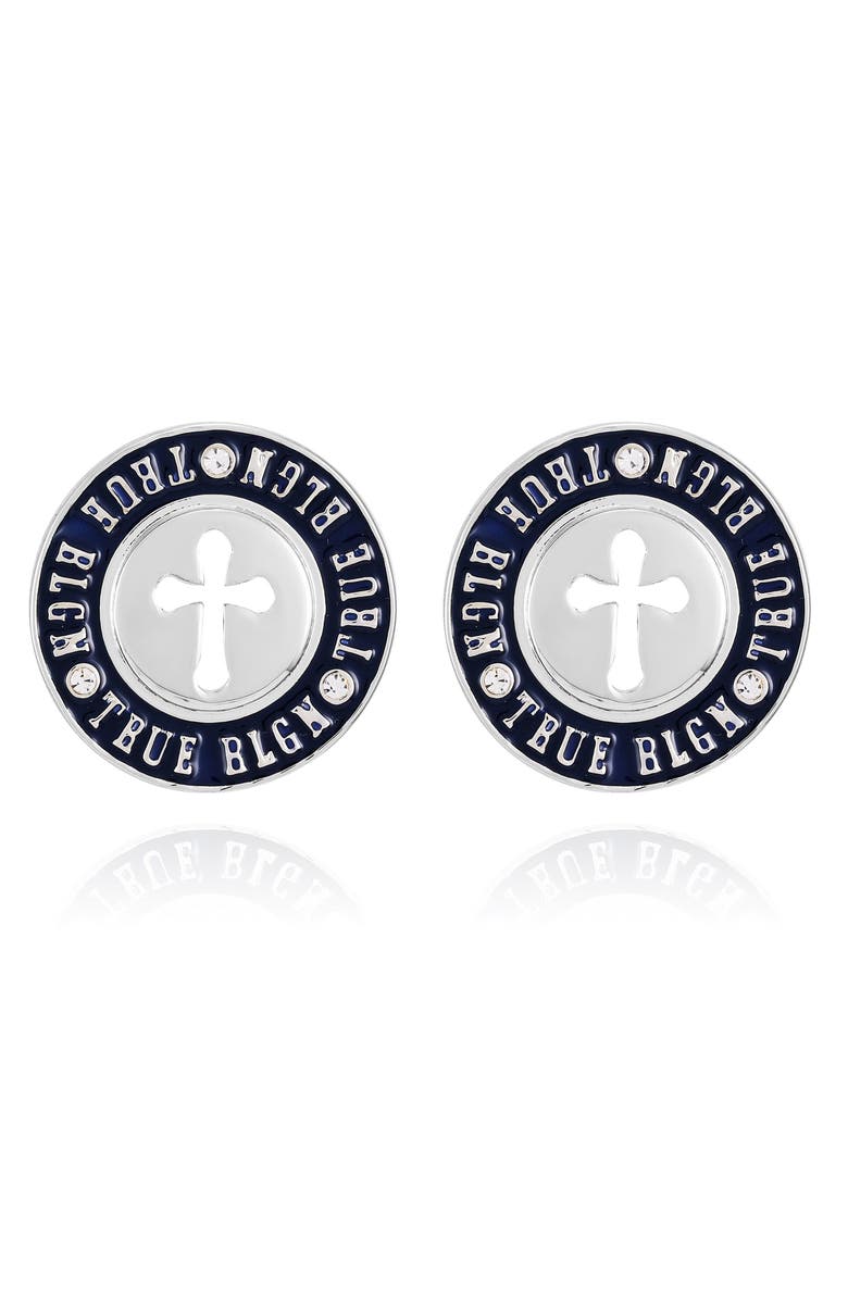 True Religion Logo Stud Earrings, Alternate, color, Silver Tone