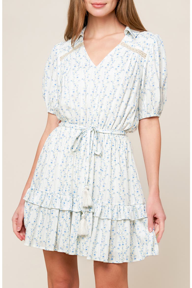 Floral Puff Sleeve Fit & Flare Minidress, Alternate, color, IVORY BLUE