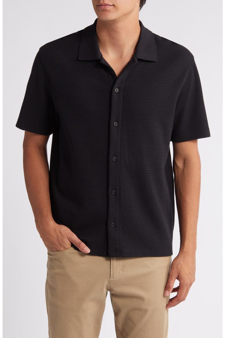 Textured Double Knit Short Sleeve Button-Up Shirt, Main, color, BLACK