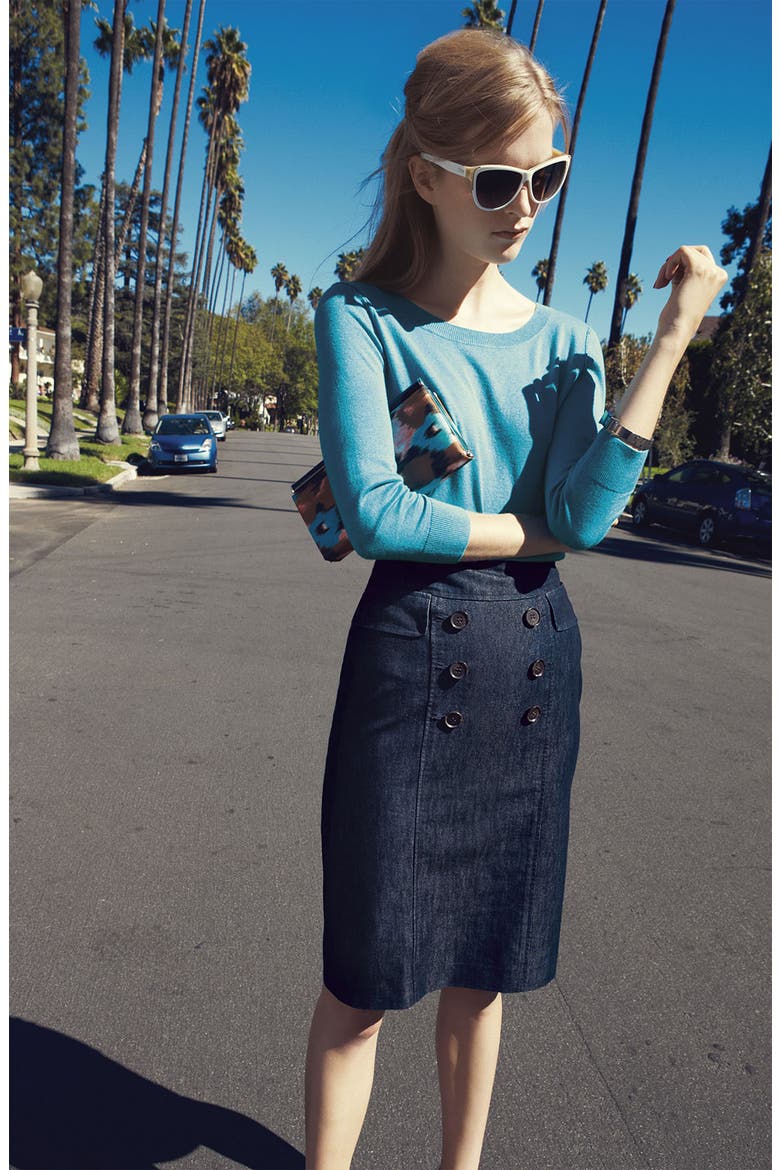 Double Button Front Denim Skirt, Alternate, color, DARK INDIGO