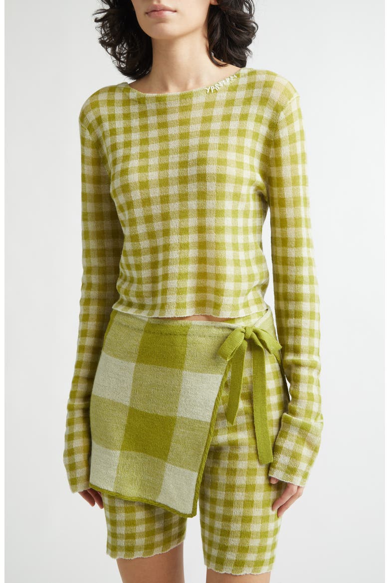 Gingham Check Wool Boatneck Sweater, Alternate, color, SPROUT