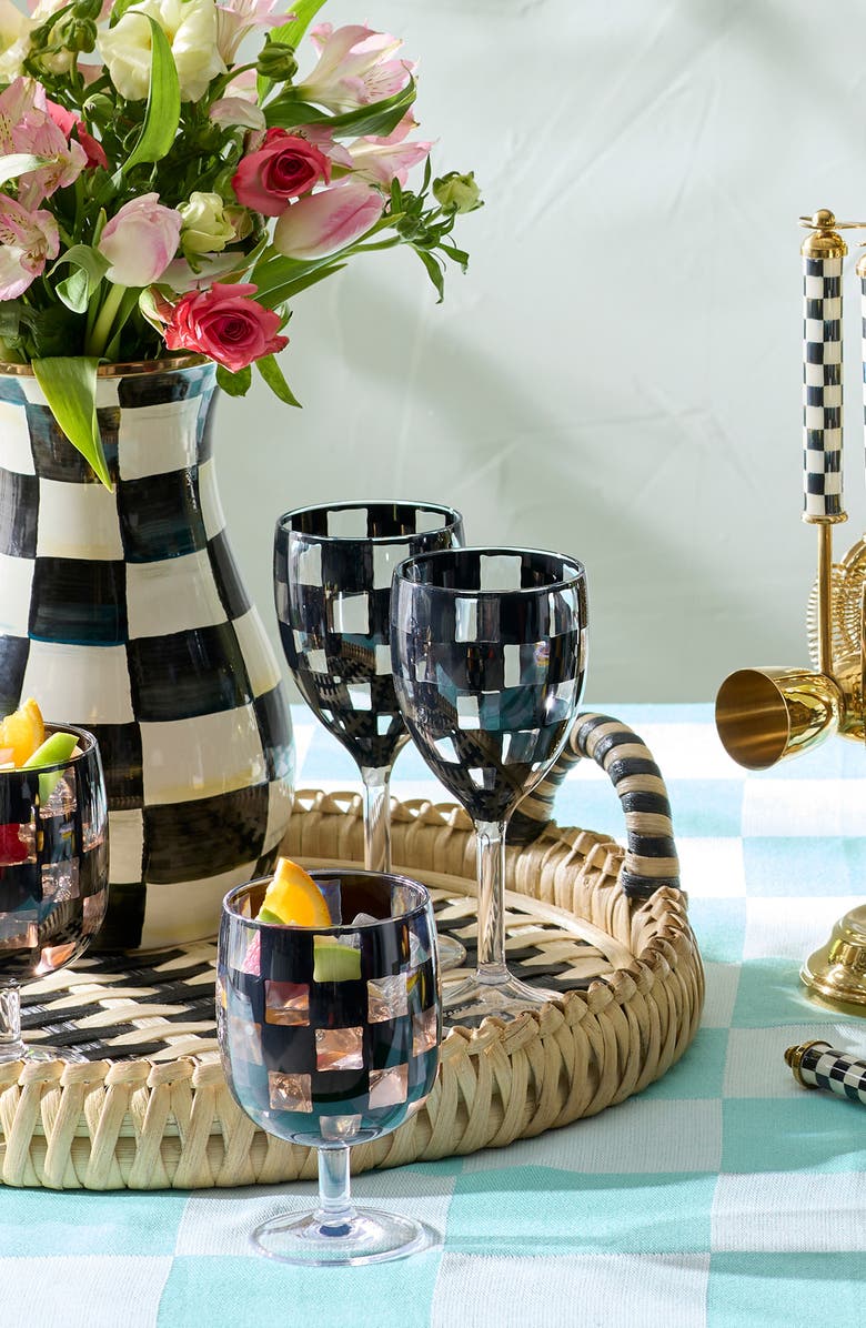 MACKENZIE CHILDS Set of 4 Black Check Acrylic Wine Goblets, Alternate, color, Black