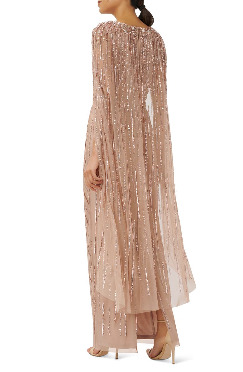 Adrianna Papell Beaded Sequin Long Sleeve Cape Overlay Column Gown, Alternate, color, 