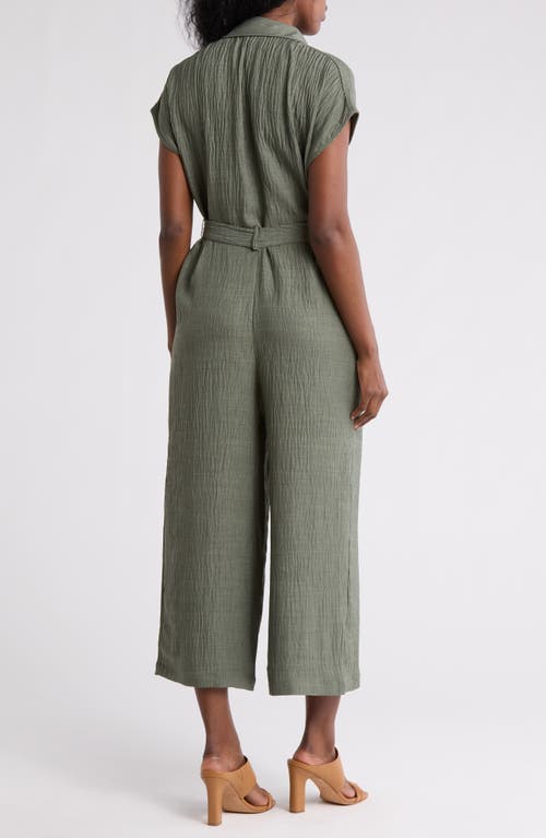 Max Studio Collared Short Sleeve Tie Waist Jumpsuit In Moss