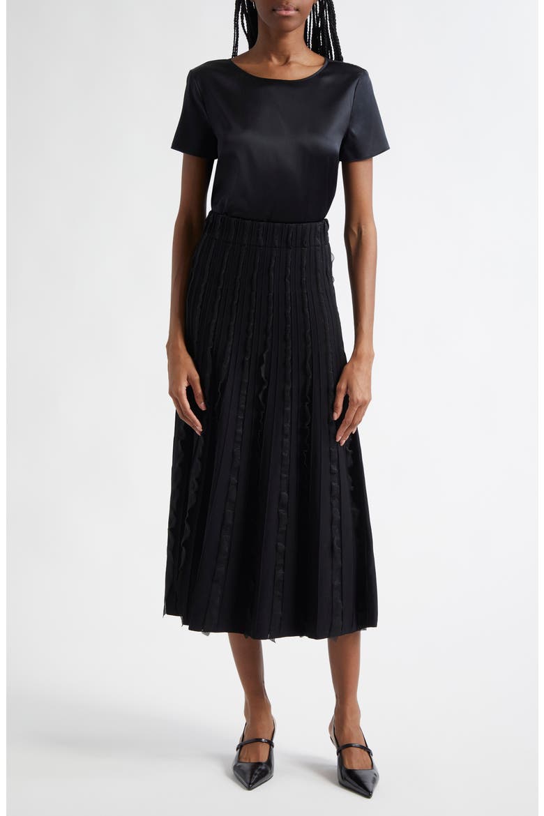 Pleated Mixed Media Midi Skirt, Alternate, color, BLACK