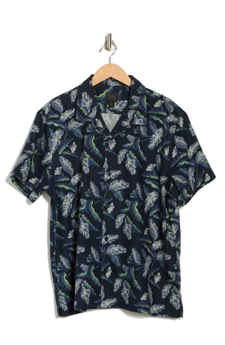 14th & Union Linen & Cotton Blend Short Sleeve Button-Up Camp Shirt, Alternate, color, Navy Lucky Palms