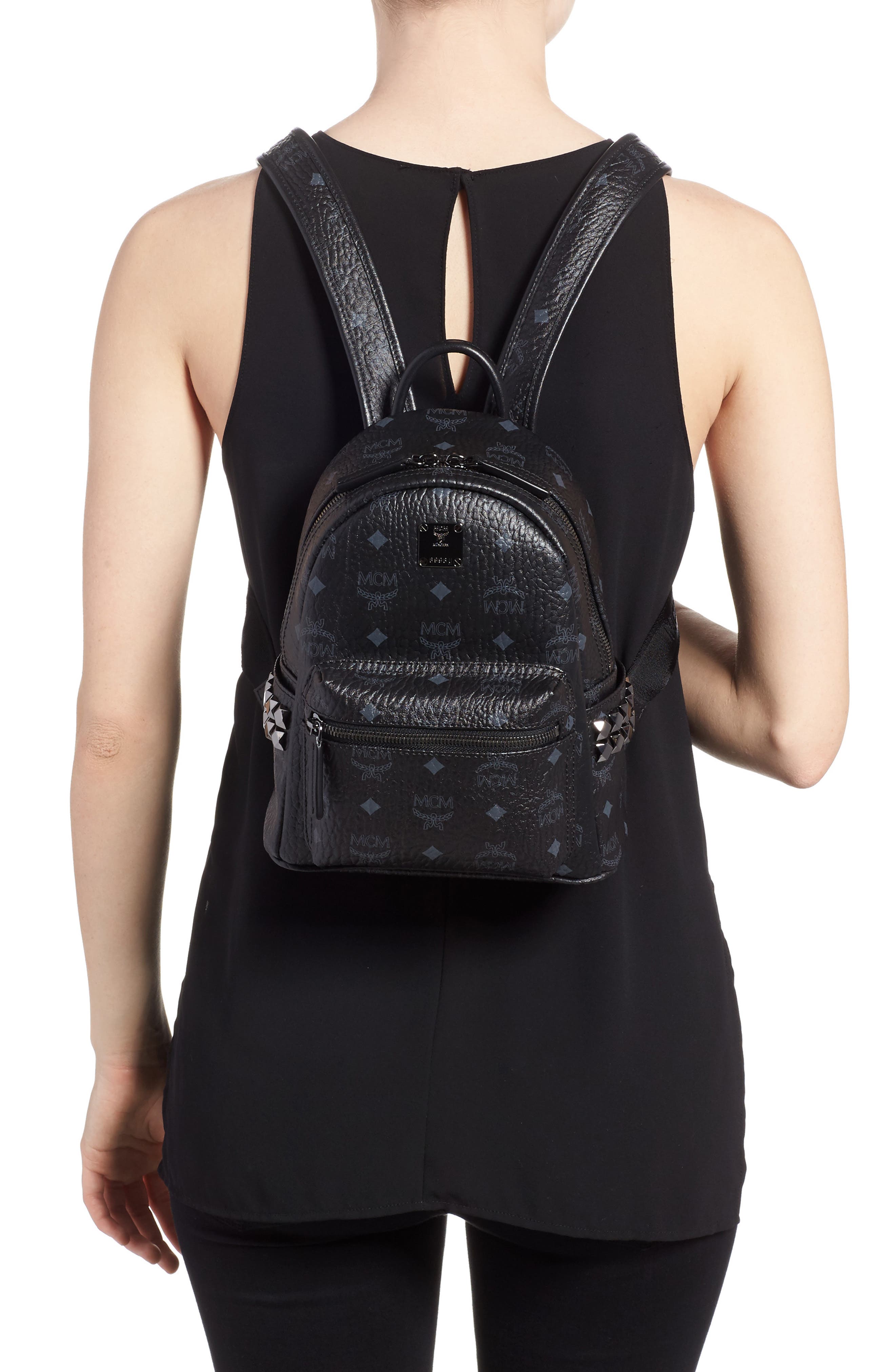 MCM Mini Stark Side Stud Coated Canvas Backpack, Alternate, color, 