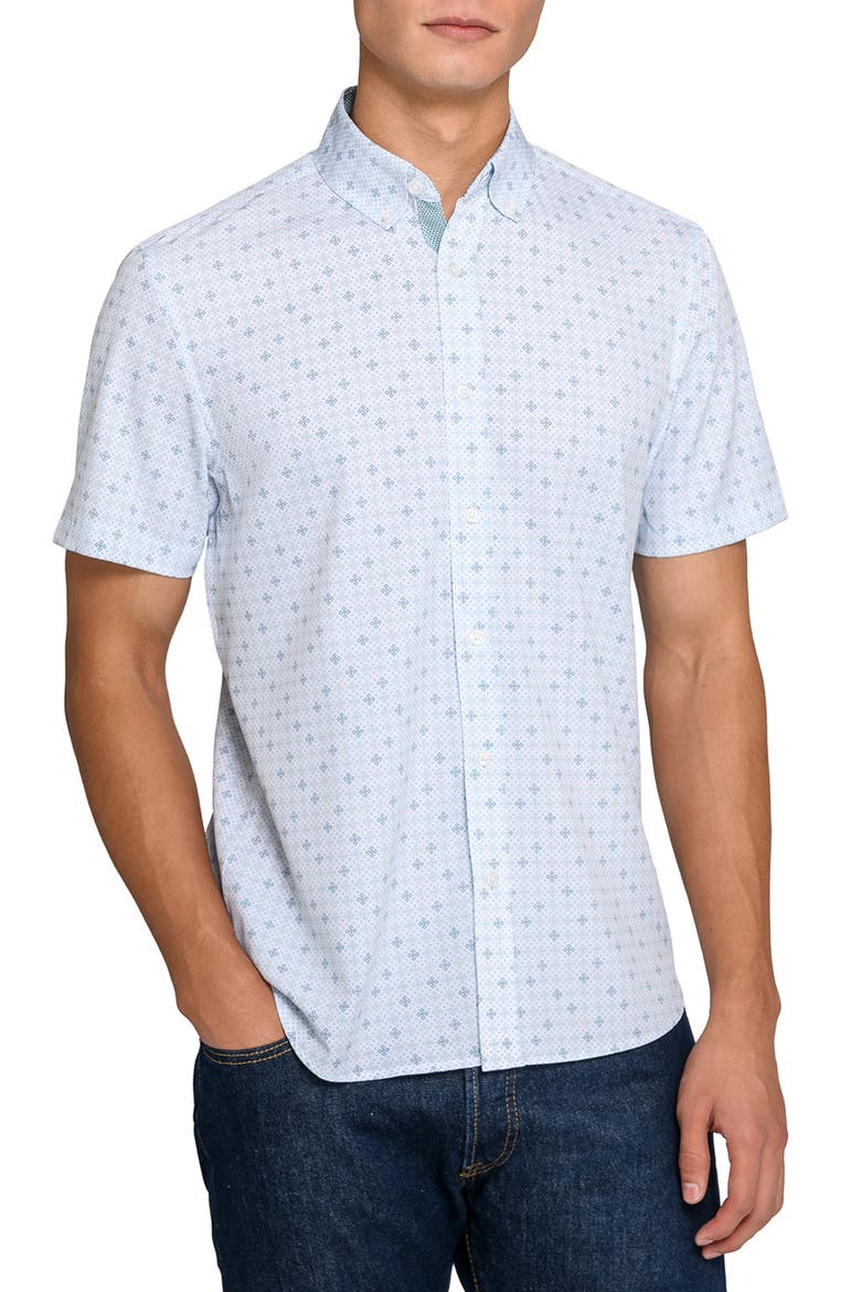 Quadruple Diamond Woven Short Sleeve Basic, Main, color, WHITE/GREEN