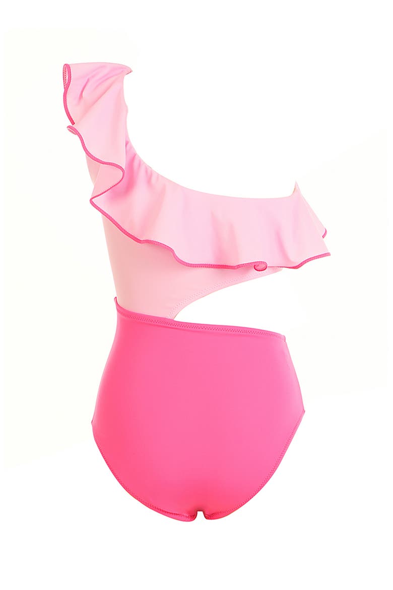 One-Shoulder Cutout Contrast-Trimmed Ruffle One-Piece Swimsuit, Alternate, color, Pink