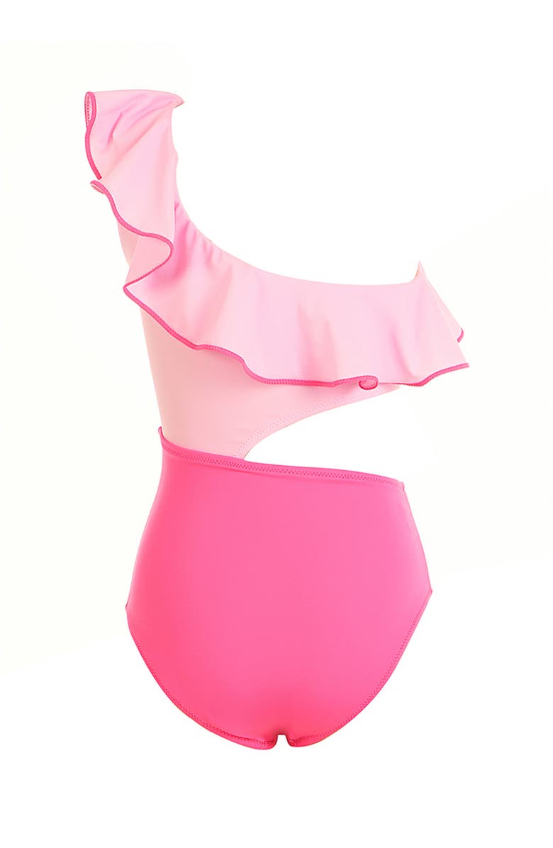 NESSI BYRD One-Shoulder Cutout Contrast-Trimmed Ruffle One-Piece Swimsuit, Alternate, color, Pink