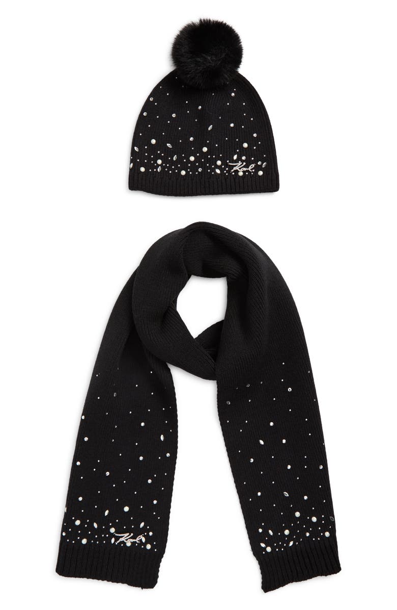 KARL LAGERFELD PARIS Scattered Crystal Faux Fur Pompom Beanie & Scarf Set, Main, color, Black