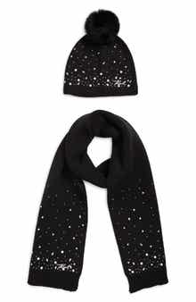 KARL LAGERFELD PARIS Scattered Crystal Faux Fur Pompom Beanie & Scarf Set