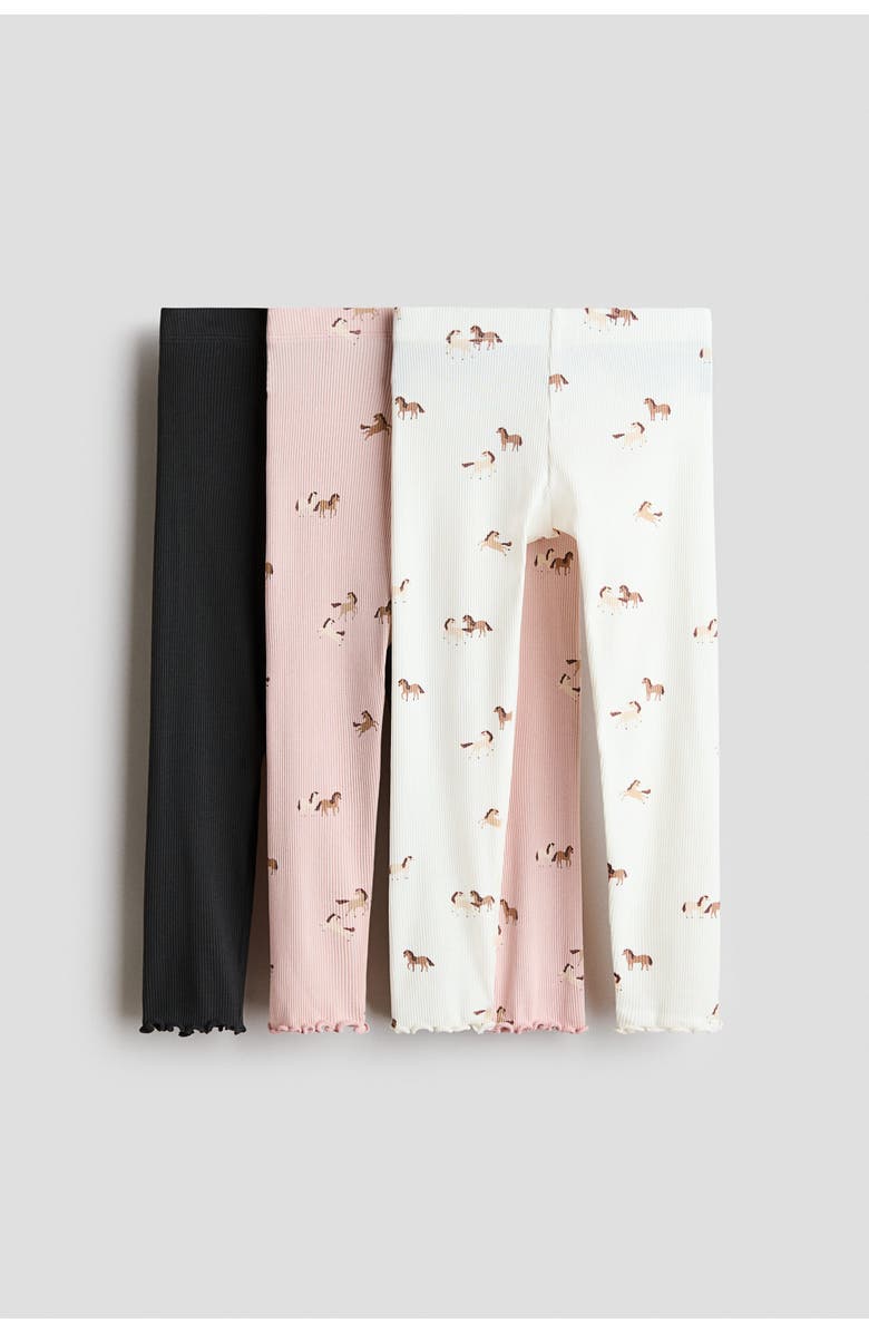 H&M 3-pack Ribbed Cotton Leggings, Main, color, White/Horses