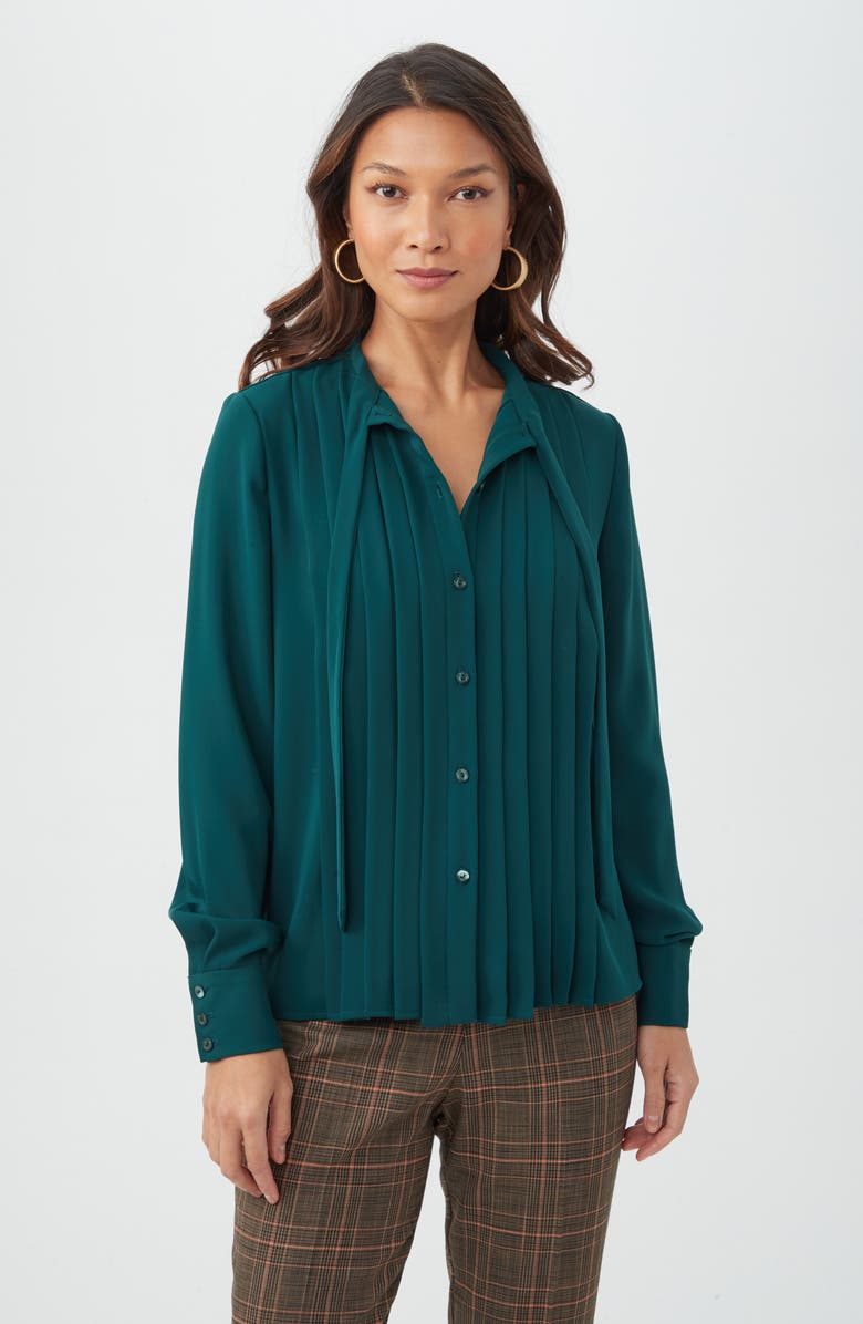 Trina Turk Adaeh Tie Neck Long Sleeve Button-Up Top, Alternate, color, Victoria Lake