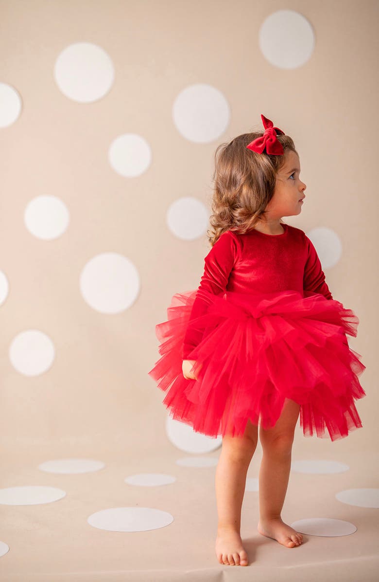 Mini Celebrities Cherry Long Sleeve Velvet Tutu Dress, Alternate, color, Red Love