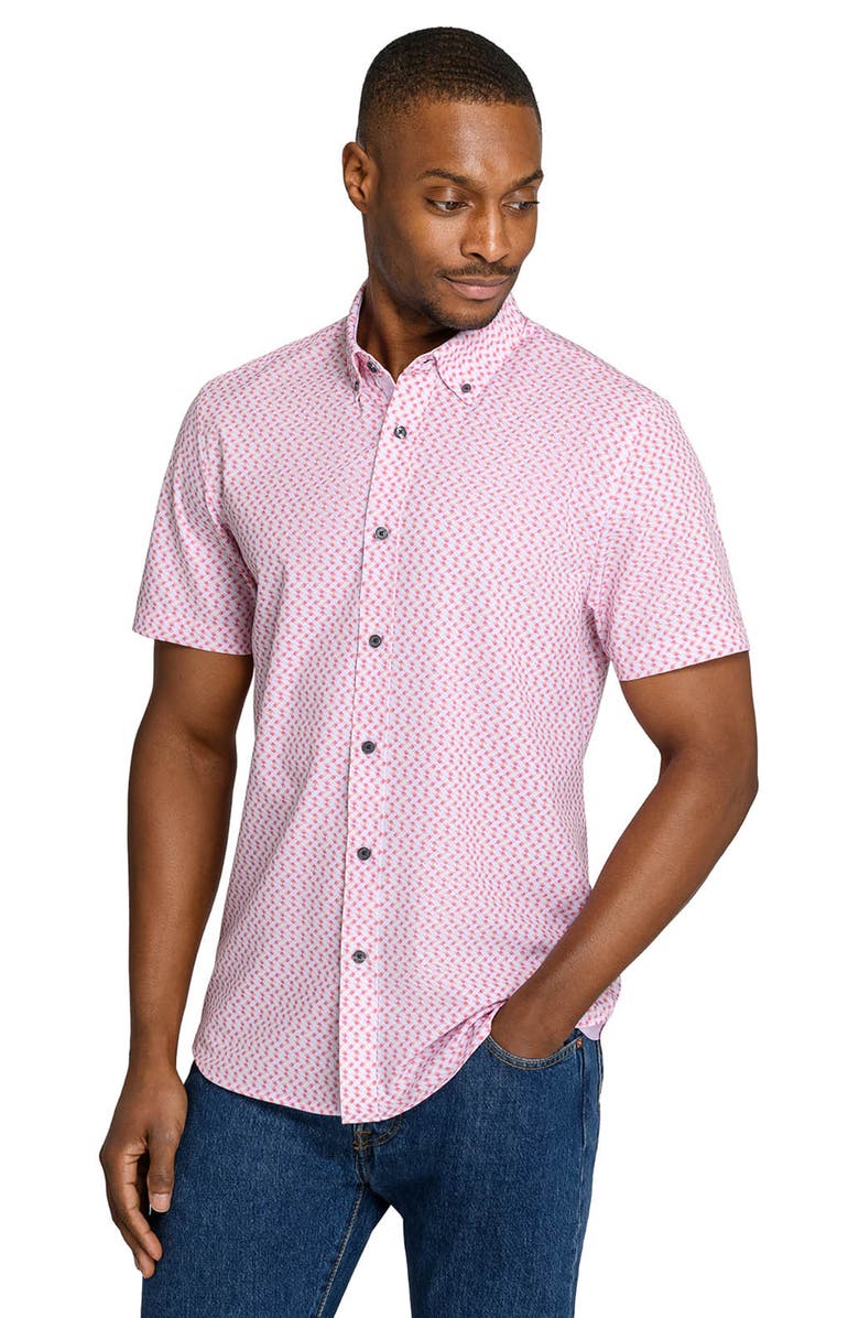 CONSTRUCT Slim Fit Zig Zag Woven Short Sleeve Basic Shirt, Alternate, color, White/Pink
