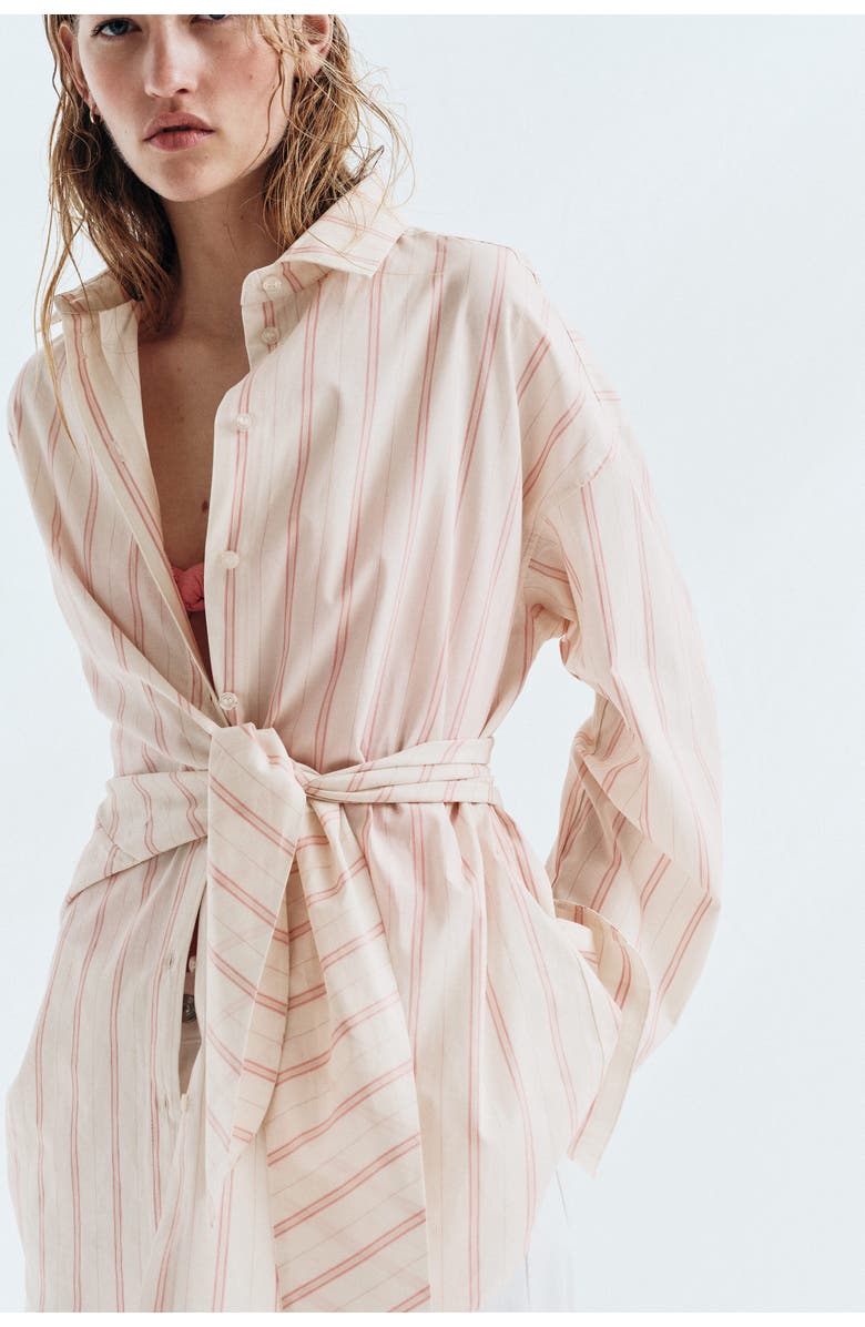 H&M Tie-detail Cotton Shirt, Alternate, color, Light Beige/Striped