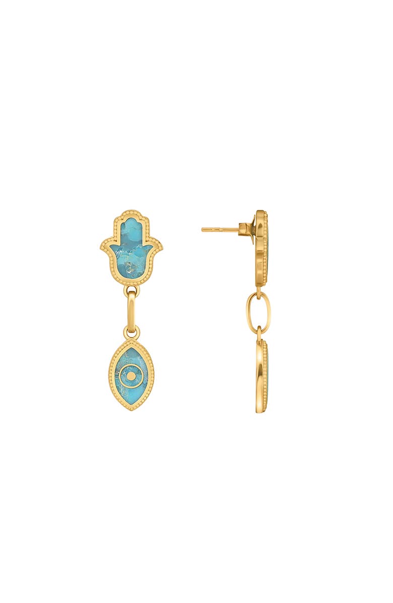 Karma and Luck Peaceful Mindset Turquoise Evil Eye Hamsa Gold Earrings, Alternate, color, 