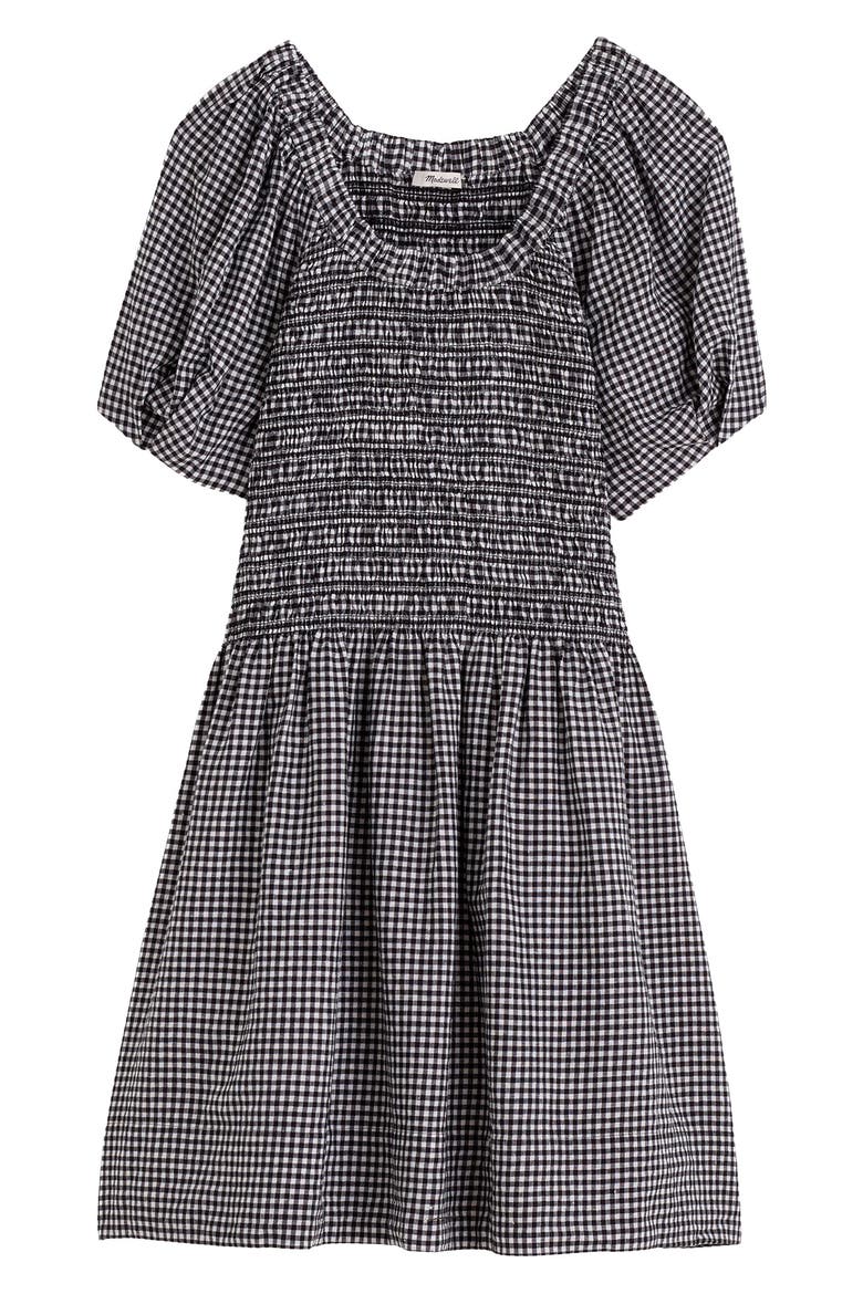 Gingham Smocked Linen Blend Mini Sundress, Alternate, color, BLACK WHITE GINGHAM