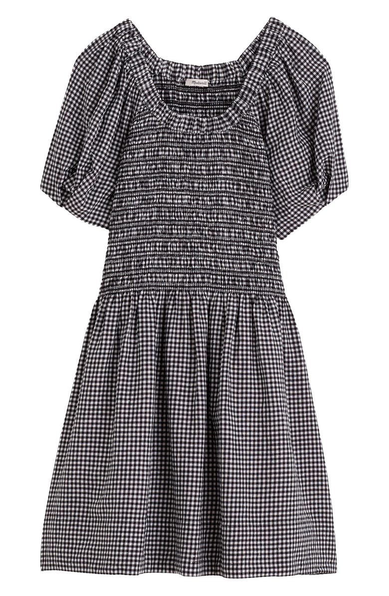 Madewell Gingham Smocked Linen Blend Mini Sundress, Alternate, color, Black White Gingham