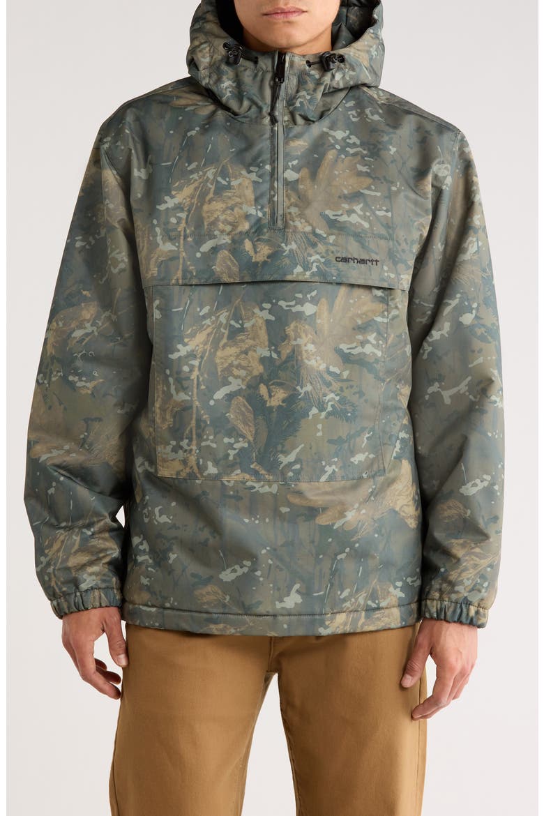 Water Repellent Hooded Fleece Lined Windbreaker Pullover, Alternate, color, CAMO COMBI GREEN / BLACK