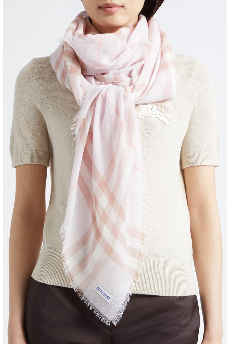 Giant Check Wool Gauze Fringe Scarf, Alternate, color, QUARTZ PINK