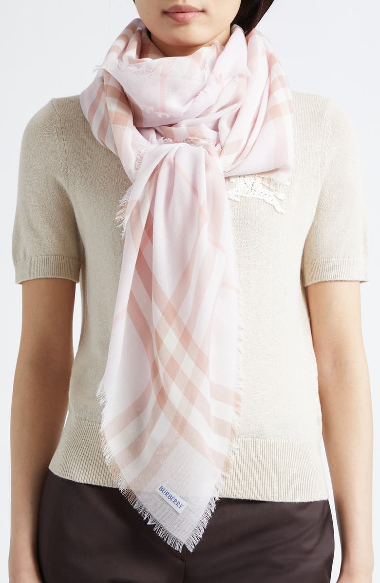 Burberry Giant Check Wool Gauze Fringe Scarf, Alternate, color, Quartz Pink