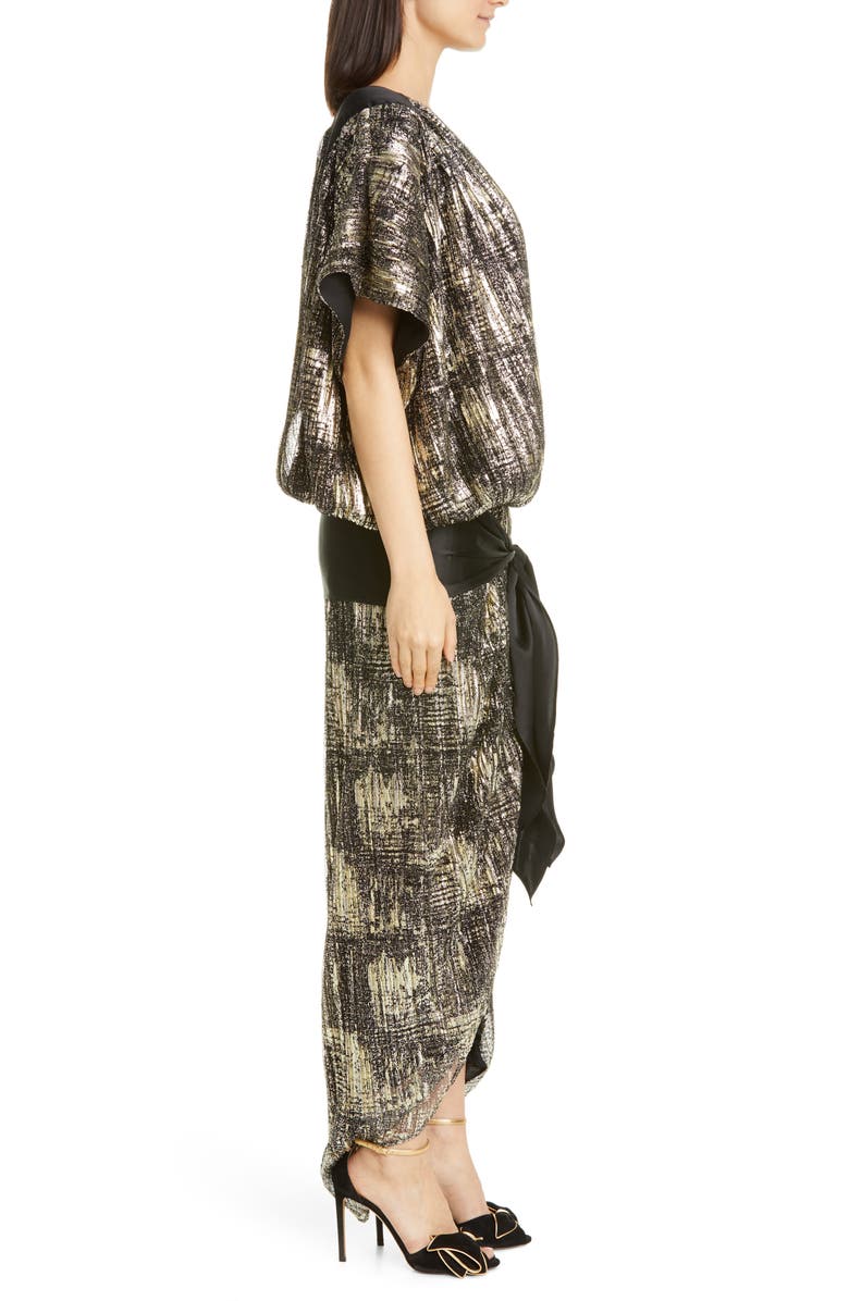Rodarte Metallic Plissé Drop Waist Maxi Dress, Alternate, color,