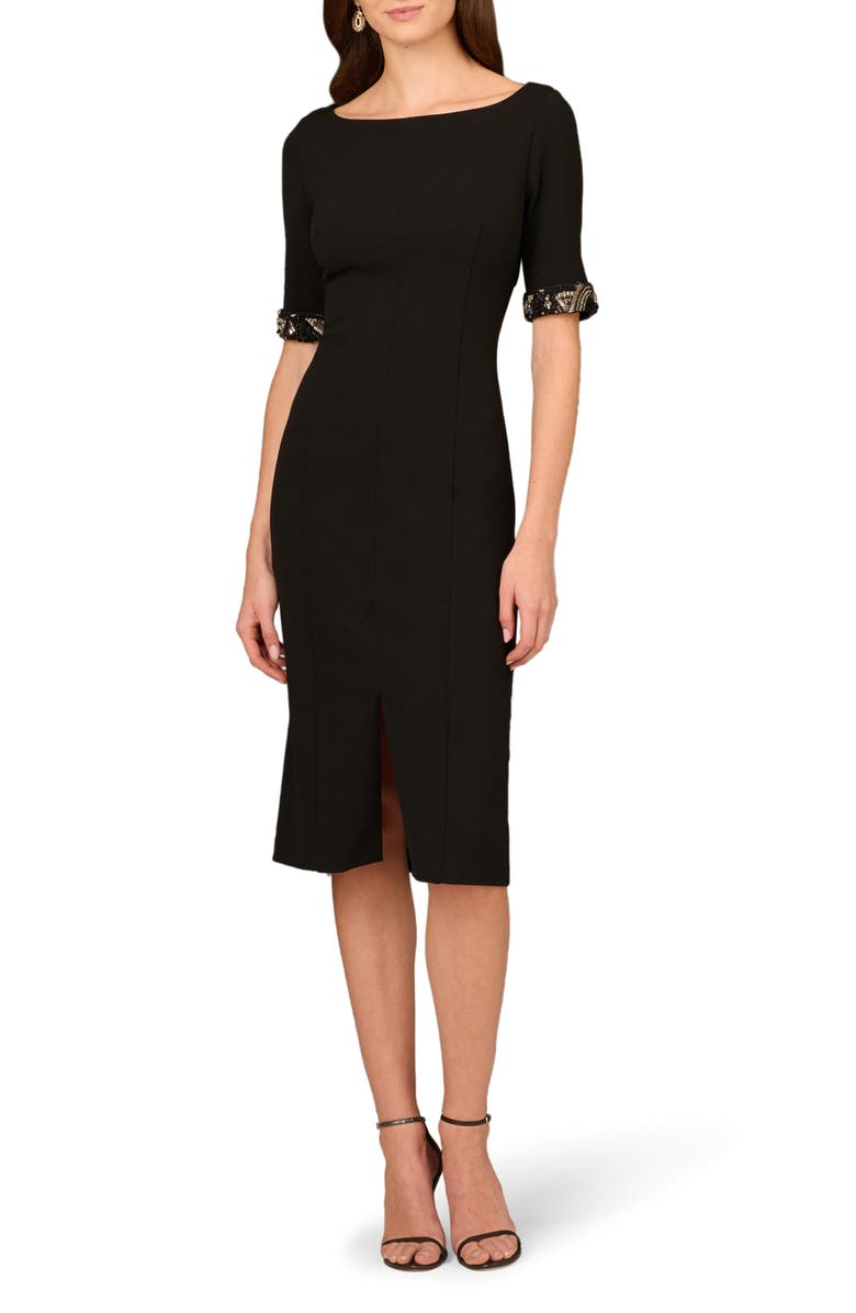 Aidan Mattox by Adrianna Papell Beaded Sleeve Stretch Crepe Cocktail Midi Dress, Main, color, 