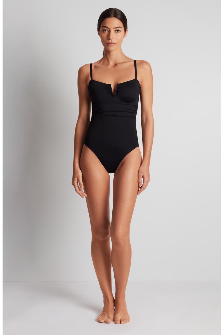 'V' Underwire One-Piece Swimsuit, Alternate, color, BLACK
