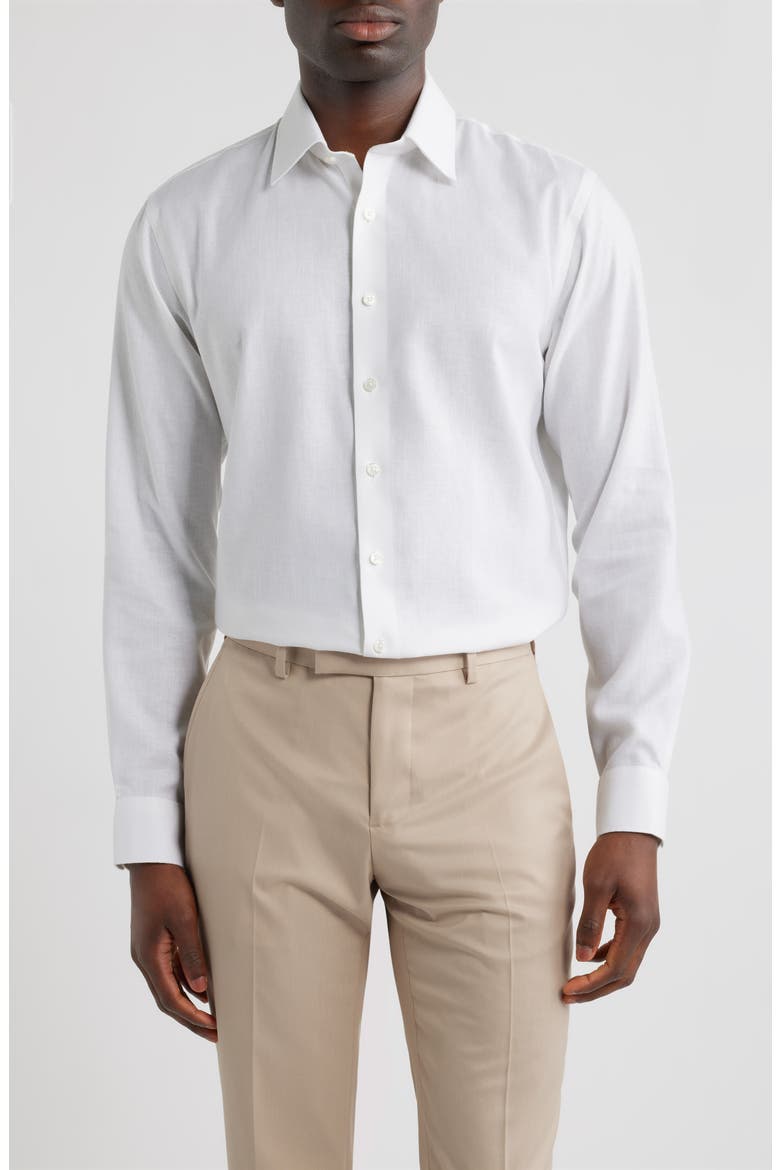 Trim Fit Premium Linen Blend Herringbone Dress Shirt, Main, color, WHITE CHAMBRAY HERRINGBONE
