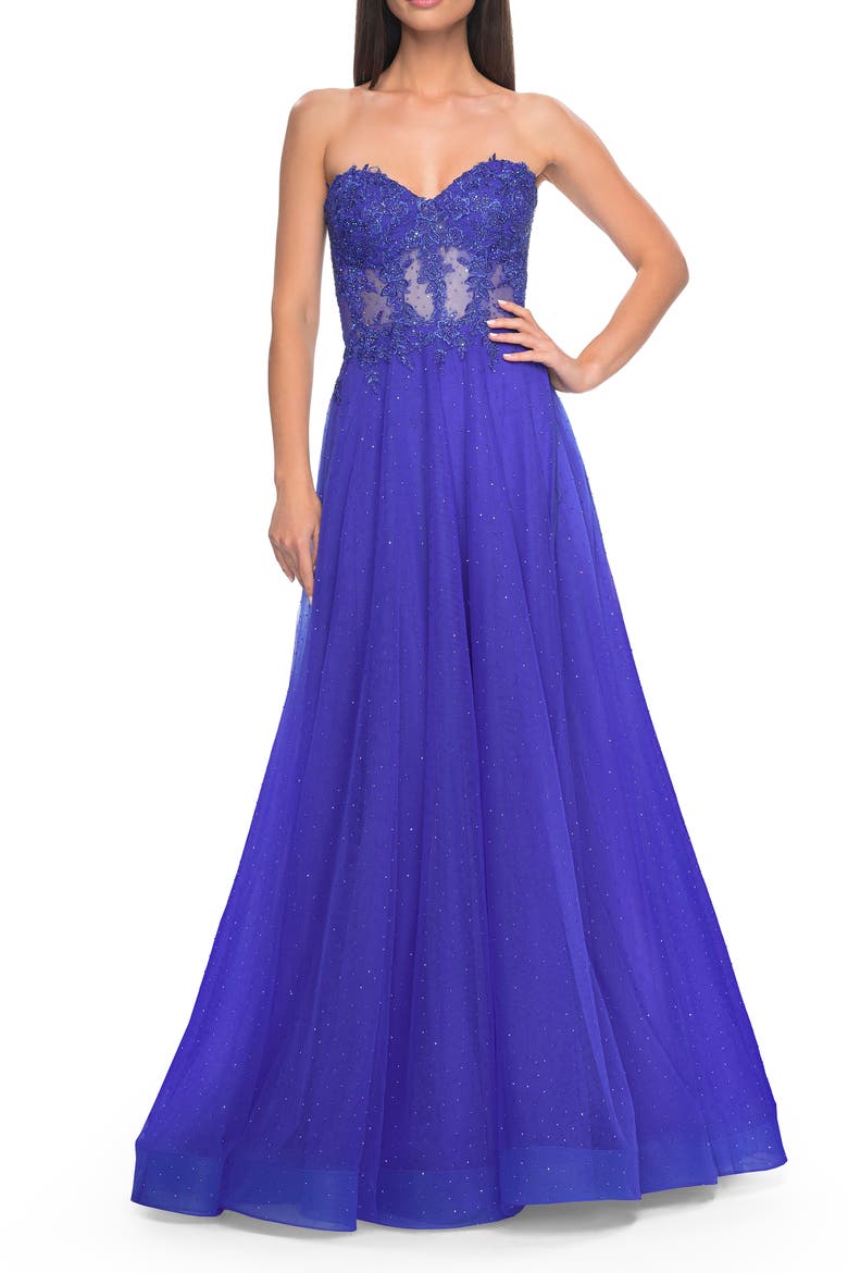 A-Line Tulle Ballgown with Lace Illusion Bodice, Alternate, color, Royal Blue