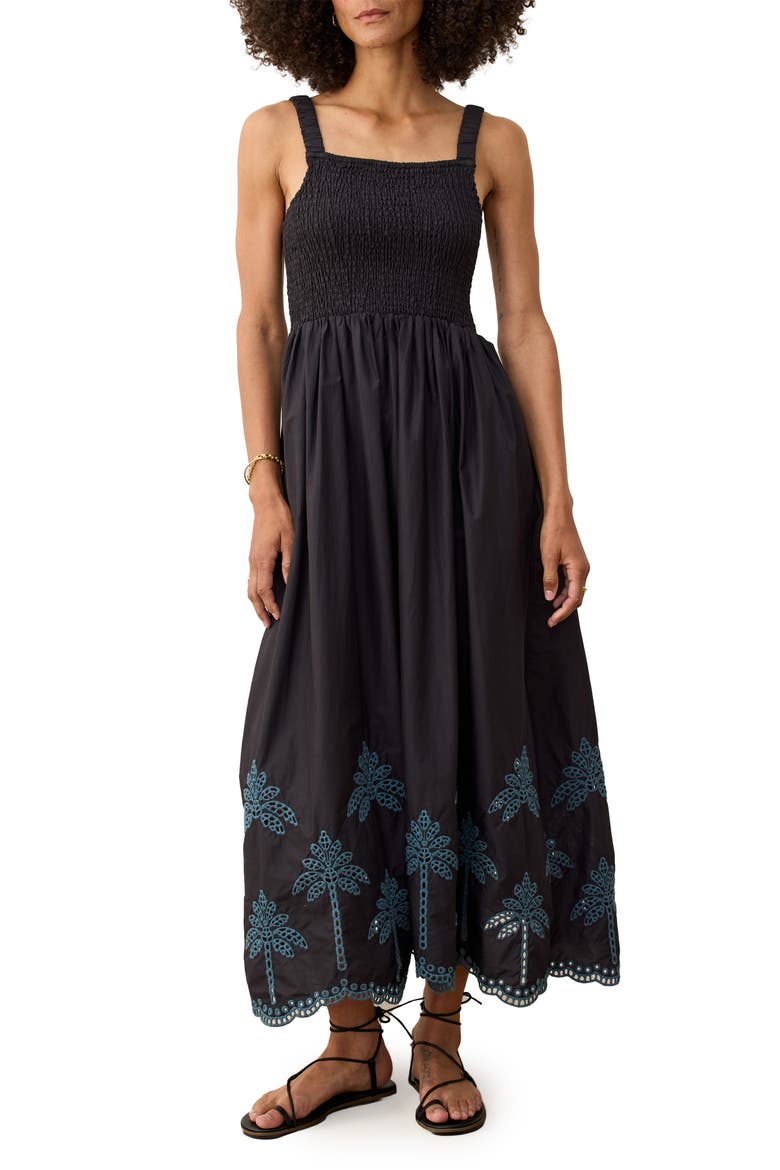 Selene Fit & Flare Eyelet Embroidered Sundress, Main, color, BLACK/ MEDITERRANEAN