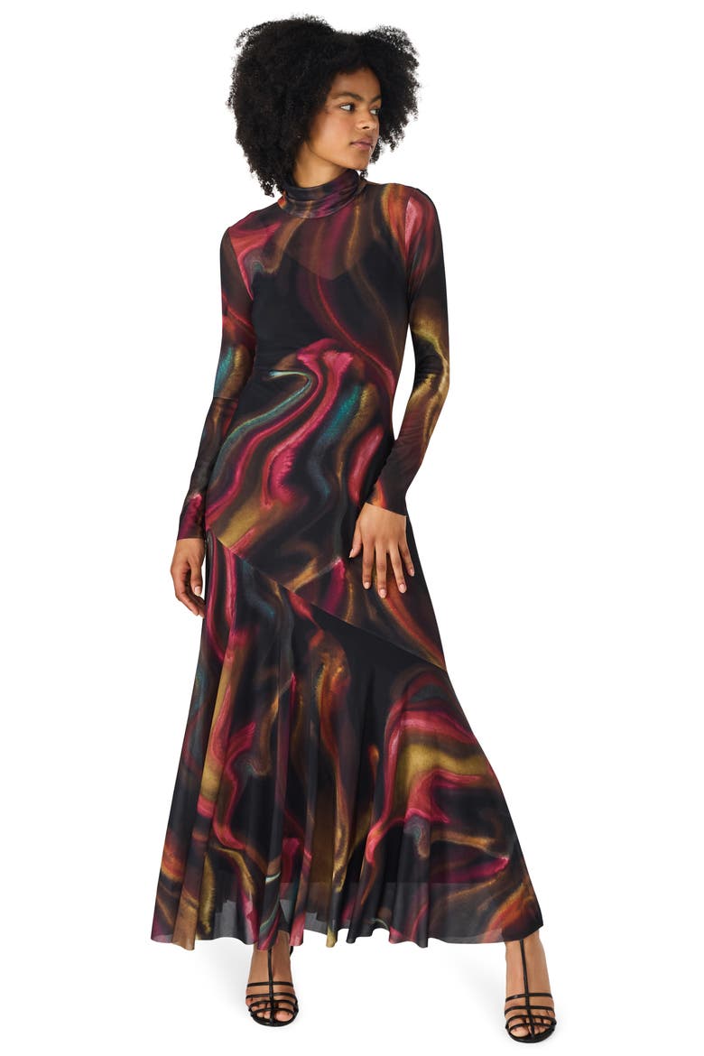 Vivara Printed Long Sleeve Mesh Maxi Dress, Alternate, color, FADED INK