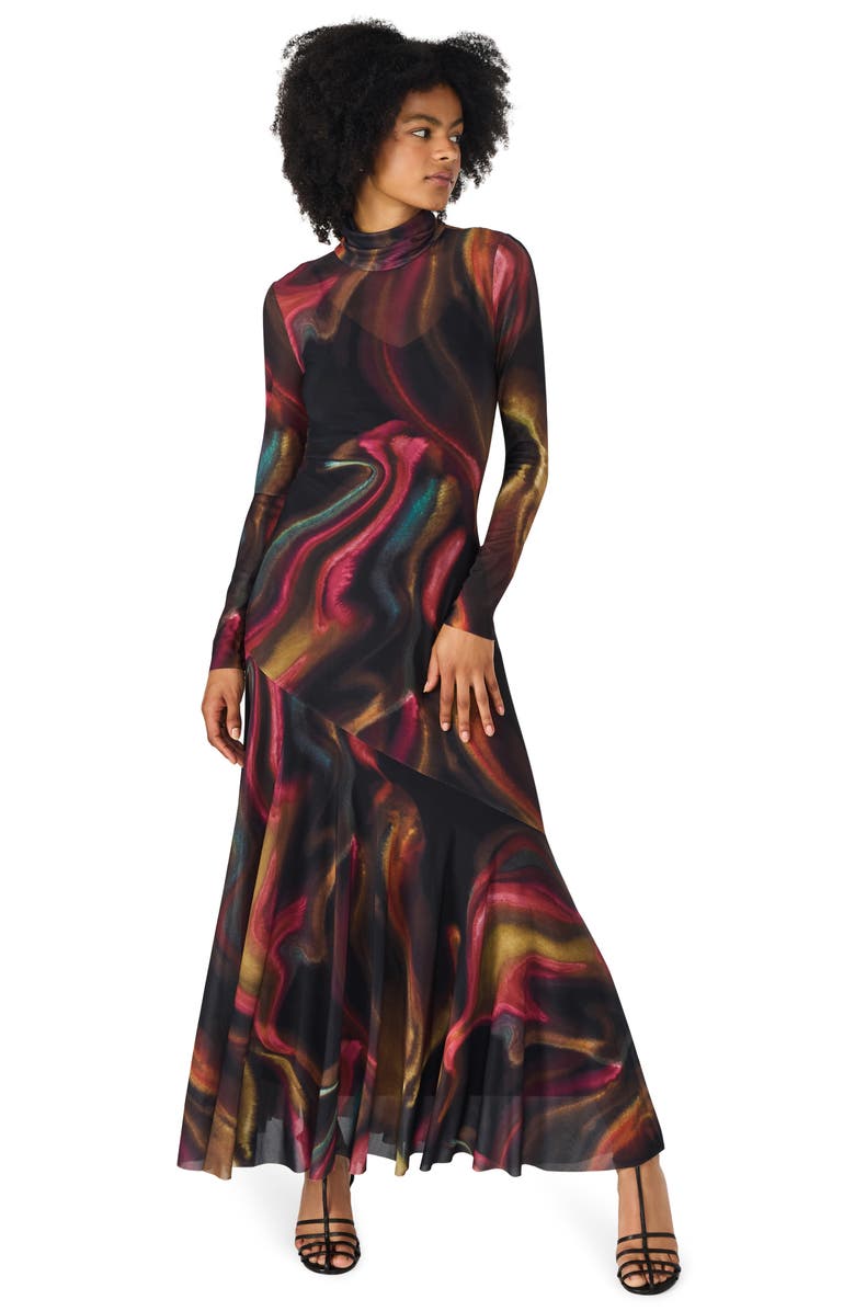 Steve Madden Vivara Printed Long Sleeve Mesh Maxi Dress, Alternate, color, Mystic Fade