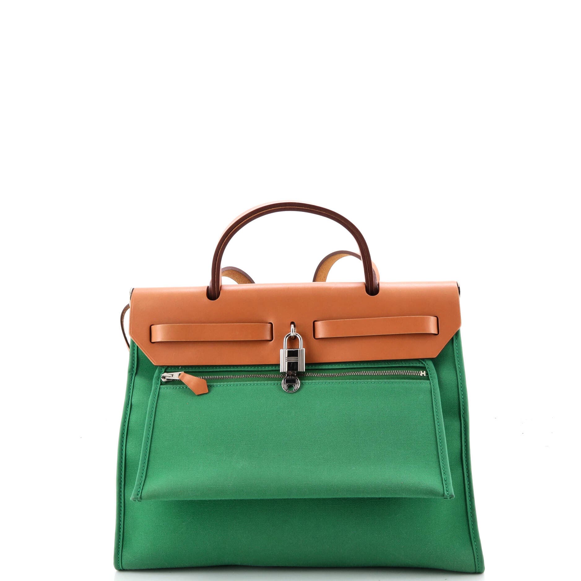 Pre-Owned Hermes Herbag Zip Leather and Toile 31, Alternate, color, Cactus