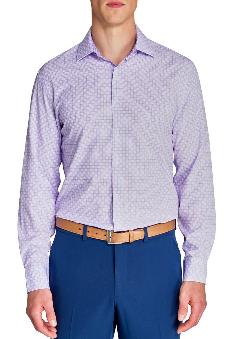 Slim Fit Checker Print Performance Dress Shirt, Main, color, WHITE/ PURPLE