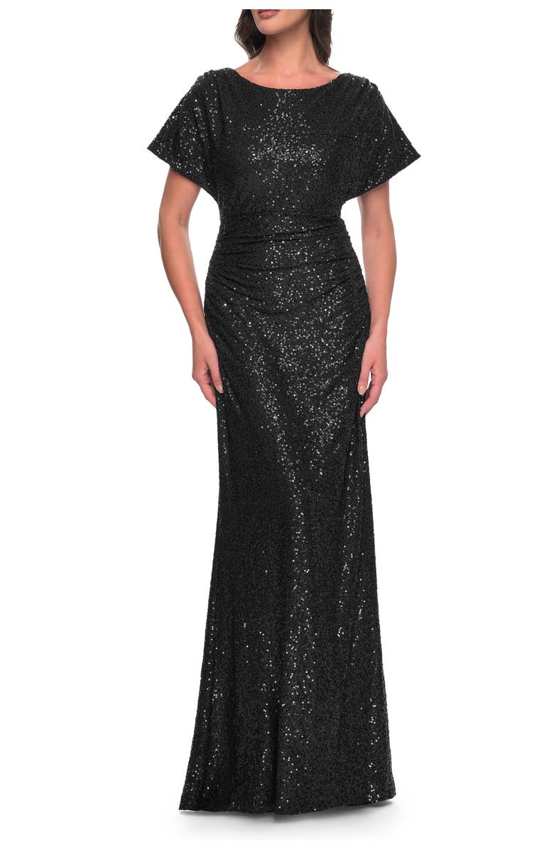 La Femme Sequin Stretch Evening Dress with High Neckline and Dolman Sleeves, Main, color, Black