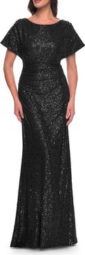 La Femme Sequin Stretch Evening Dress with High Neckline and Dolman Sleeves