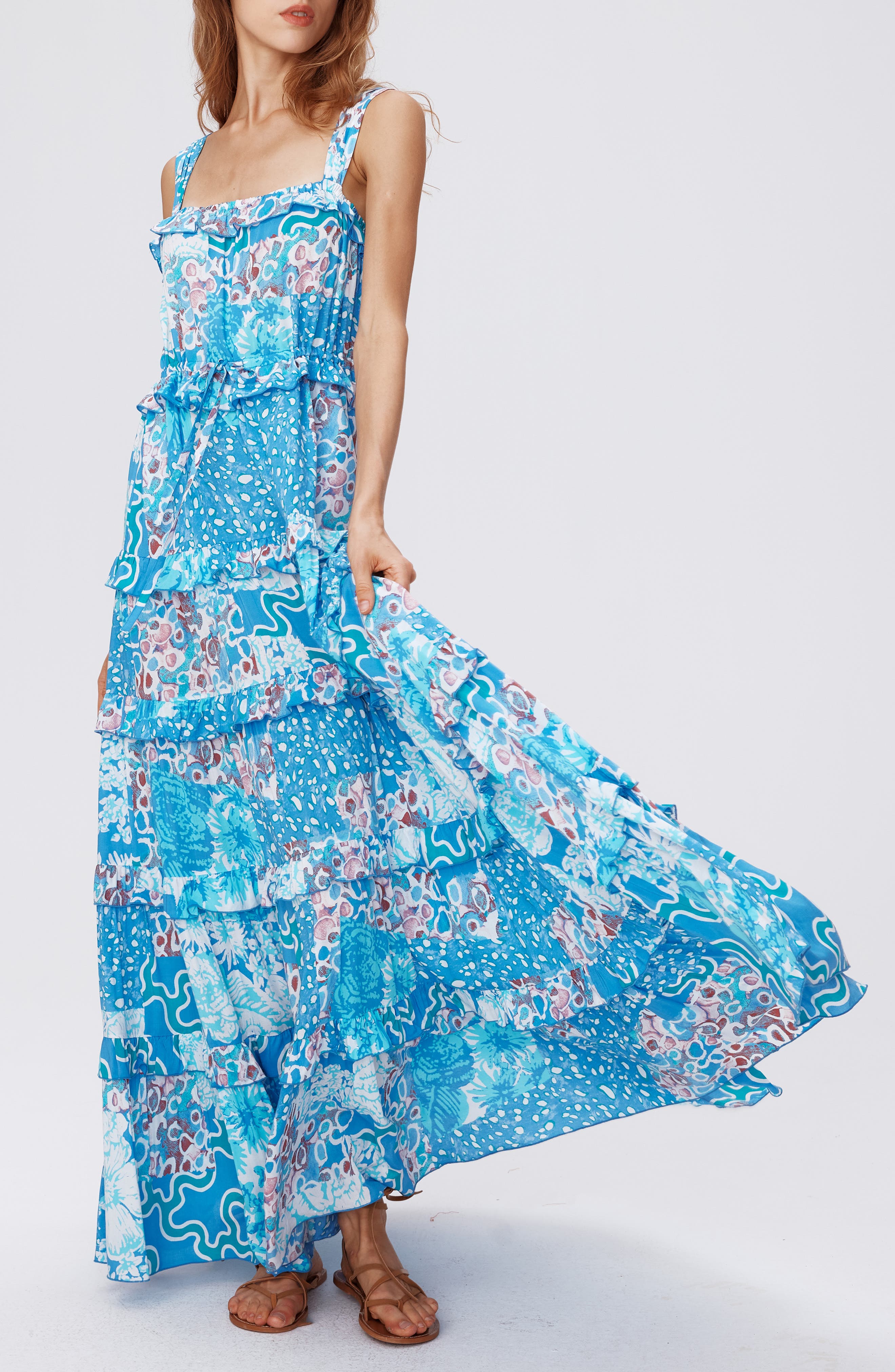 DVF Shawn Abstract Print Tiered Maxi Dress