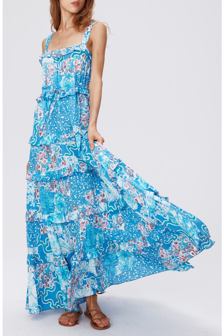 Shawn Abstract Print Tiered Maxi Dress, Main, color, SOLTICE FLAGS BLUE