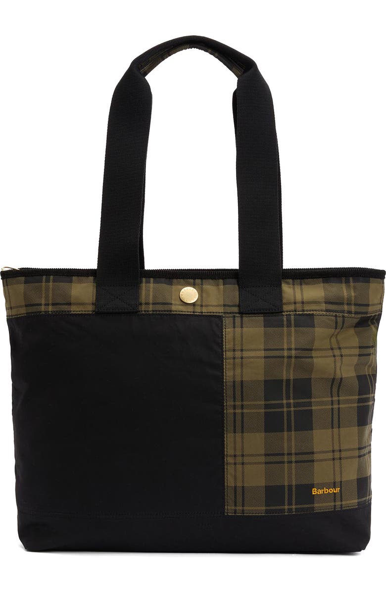 Barbour Mya Patchwork Cotton Tote, Main, color, Black/ Olive Check
