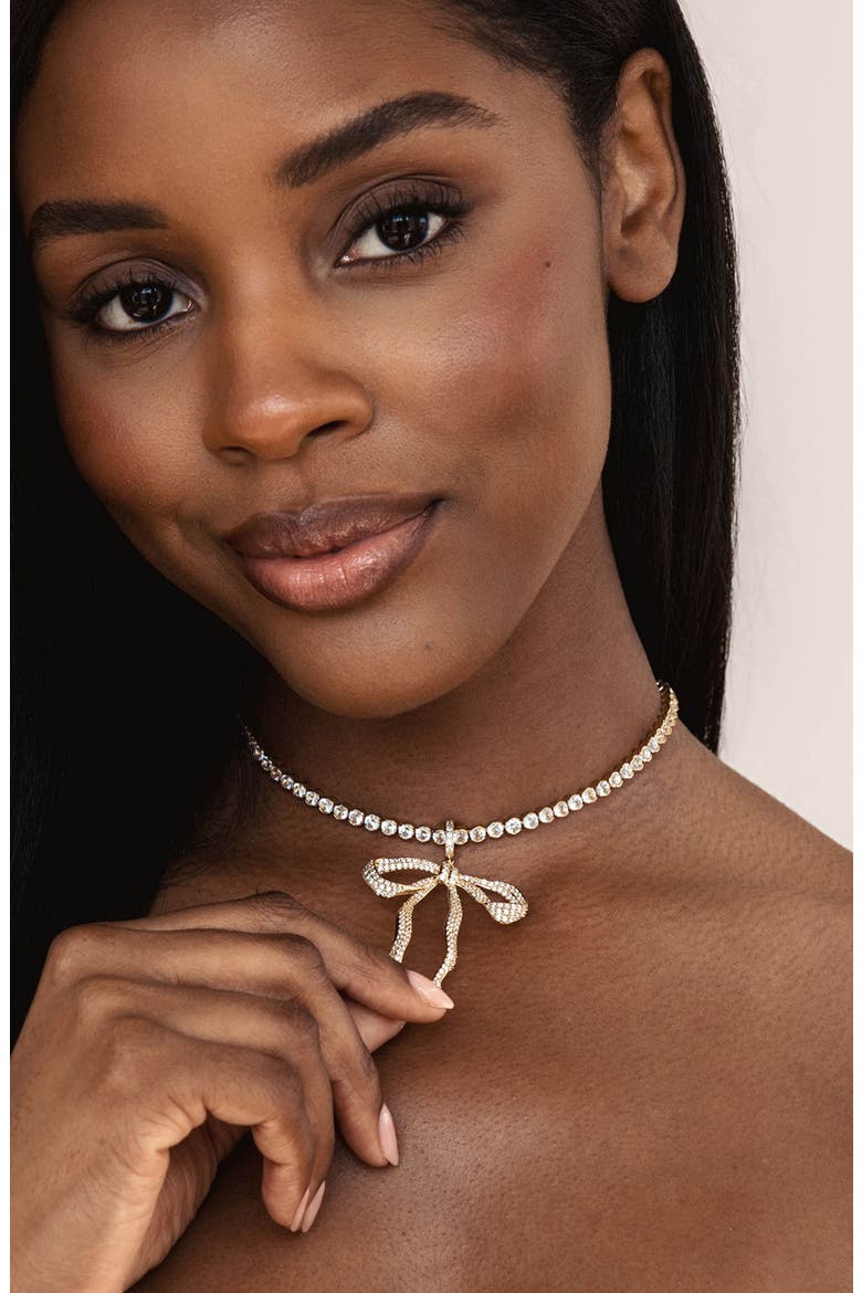 Pavé Bow Tennis Necklace, Alternate, color, GOLD