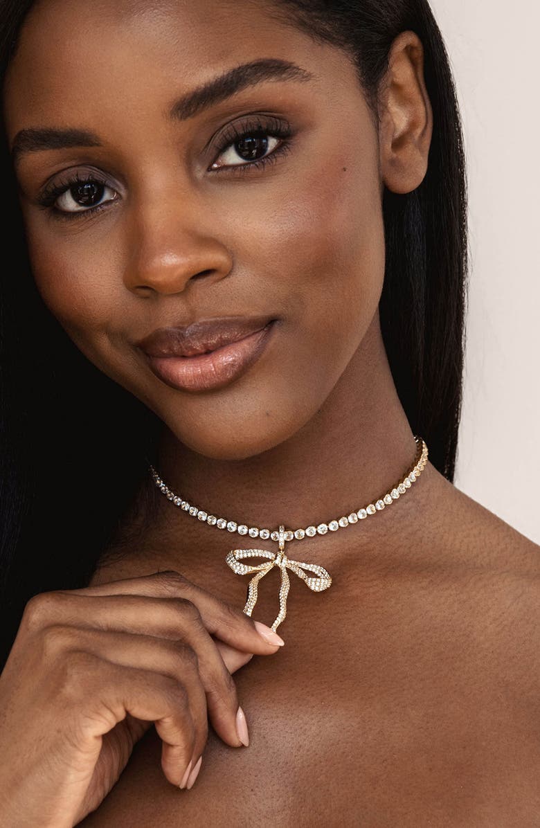 Ettika Pavé Bow Tennis Necklace, Alternate, color, Gold